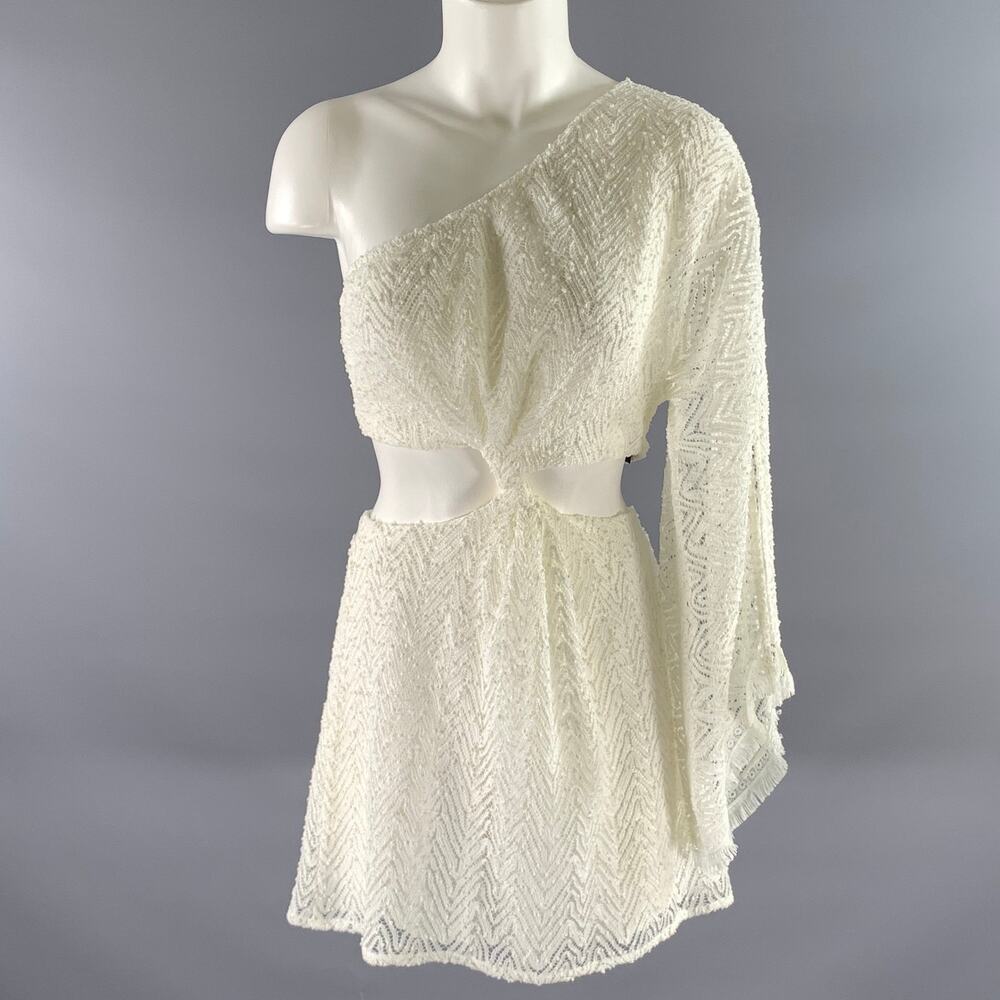 RAMY BROOK Size M White Polyester Chevron One Shoulder Mini Dress